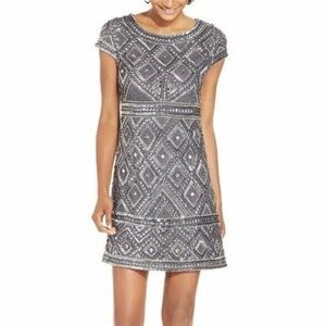 Adrianna Papell Dress Smoke Diamond Check Beaded Mesh Sheath 12 NWT